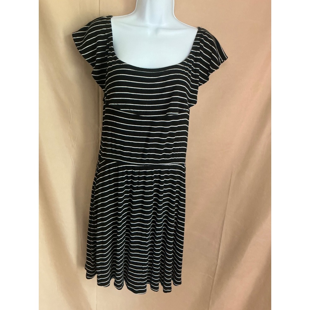 Arizona Jean Co Skater Dress Womens Large Black Excellent Striped Ruffle Sleeve